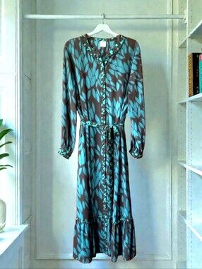 Cabi A-line Long Dress/Duster  Black/Teal Leaves Small